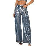 Silver Jeans Women Fashionable Silver Hot Stamping Craft Elastic Pants with Multi Pocket Design, Work Pants, Comfortable Jean(Silver Blue Small)