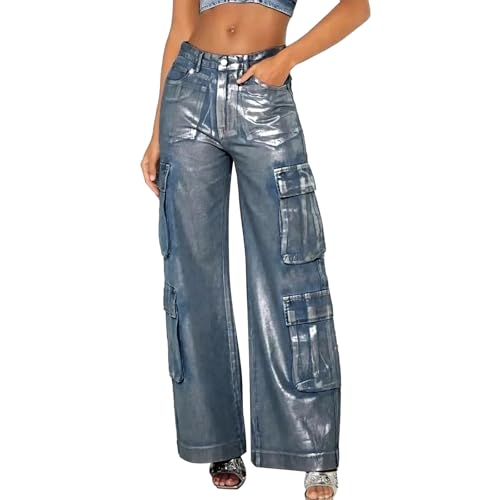 Jeans for Women Fashion Silver Hot Stamping Craft High Rise Jean Stretchy Denim Pants Work Pants with Multi Pocket