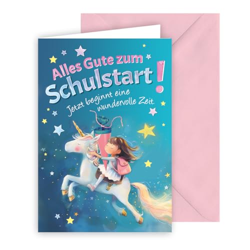 KE - Zauberhafte Glückwunschkarte zur Einschulung eines Mädchen Märchenhafte Karte zum Schulanfang inklusive Umschlag Format B6 Motiv: Einhorn Sterne - Schulstart