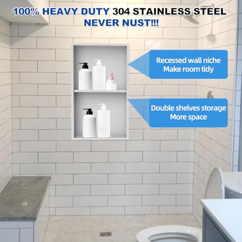 304 Stainless Steel Shower Niche Insert-24 x 12" No Tile Needed Bathroom Niche for Shower Wall-Double Shelves Built in Shower Shelf-Waterproof Recessed Cabinet for Bathroom Living Room Study Kitchen by Vlaeng - Image 8