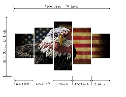 Retro American Flag Canvas Wall Art Eagle Usa Flag Pictures Military Painting 5 Panels Patriotic Posters Prints Wooden Artwork Home Decorations For Living Room Bedroom Office Framed (60''W X 32''H) #TOP6