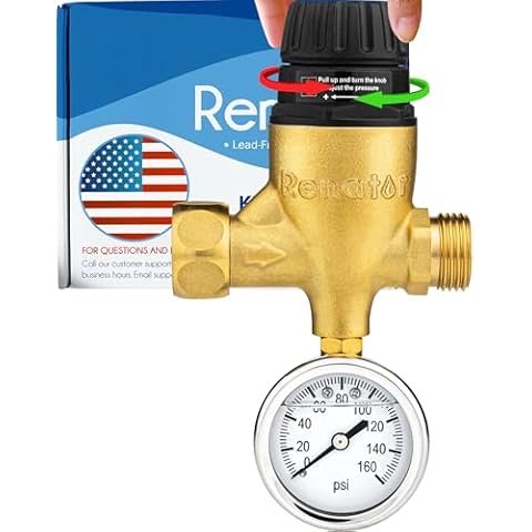 Renator RV Water Pressure Regulator for RV Camper. Brass Lead-free Adjustable RV Water Pressure Regulator with Gauge. RV Water Regulator for Camper Travel Trailer, Reducer Valve W Filter. M44-0660R. Cover