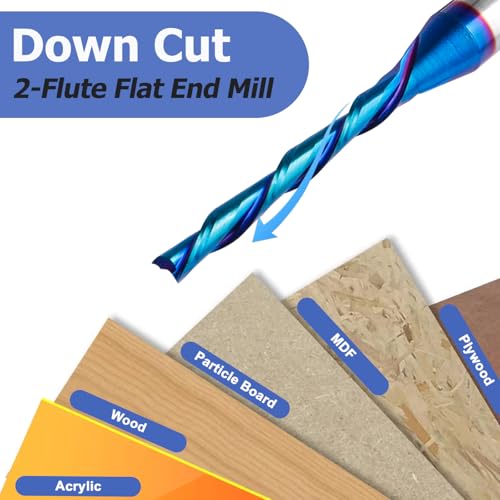 Image of Mesee 2 Flute Spiral Dowcut Router Bit 1 /4 Inch Shank Flat Nose End Mill CNC Router Bit Nano Blue Coat Carbide Milling Cutter for Wood Mortises Carving Engraving - 1 inch Cutting Length, 1 /8 inch Cutting Dia