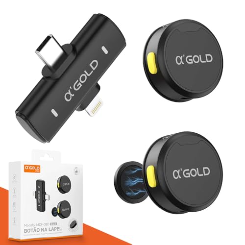 Microfone de Lapela Sem Fio Bluetooth Kit 2 Microfonones Abafamento de Ruído Até 10 Horas Tempo de Trabalho Compatível com Camera, iPhone, Android, PC - Conexão Android e USB-C - Linha AGold Premium