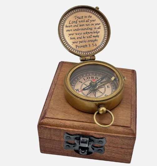 Brújula de latón antigua con proverbios 3:5-6 – Regalo inspirador con caja de madera miniatura 6