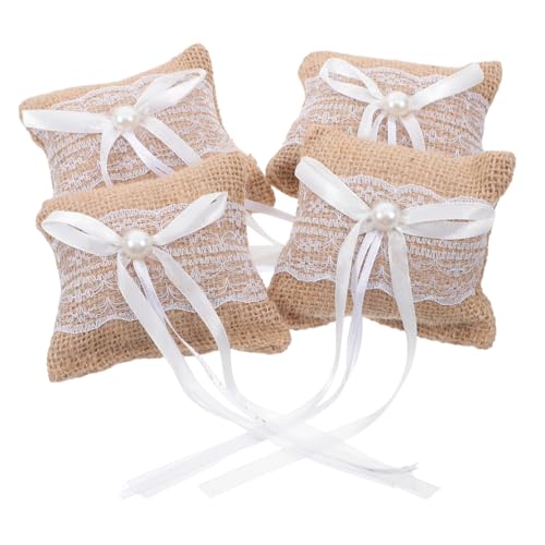 Cabilock 4pcs Vintage Burlap Wedding Cushion for Secure Ring Display for Engagement Ceremonies Proposal Photography Props