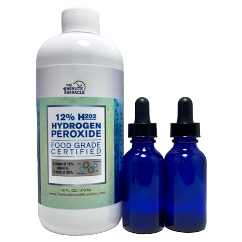 12% Hydrogen Peroxide Food Grade - Diluted from 35% H2o2 with Distilled Water to 12% - 1 Bottle 16 oz with 2 Droppers - Recommended by: The One Minute Cure Book