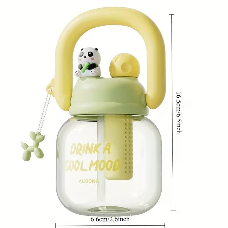 Image of Cute Panda Kids Water Bottle with Straw & Handle, Leakproof Sipper Bottle for Boys & Girls, BPA Free Plastic Unique Water Bottle for School, Travel & Daily Use (Lime Green)