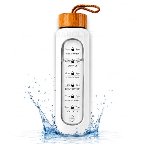 Image of Borosilicate Glass Water Bottle with Silicone Sleeve | Natural Bamboo lid | perfect for Home, Fridge, Office, Gym, Travel | BPA Free | White