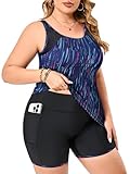 SOTHEA Plus Size Tankini Swimsuit for Curvy Women Bathing Suits Tummy Control Contrast Colors with Pockets Swim Shorts, Blue Galaxy, 18 Plus