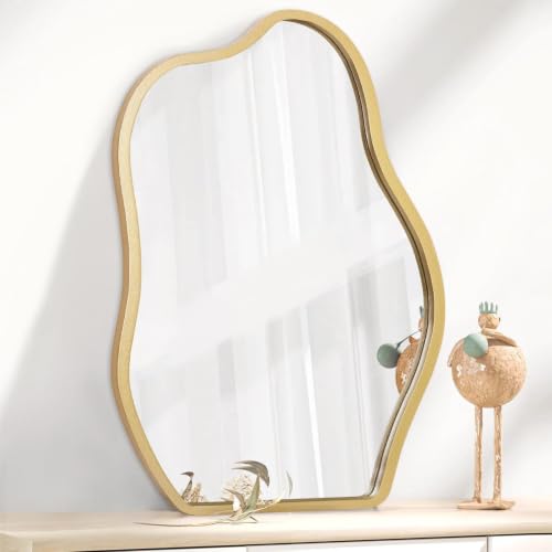 Image of Alfa Design Asymmetrical Gold Irregular Wall Mounted Mirror | Wooden Frame | Aesthetic Decor Bathroom Vanity Mirror, Farmhouse, Living Room, Bedroom & Entryway Irregular Gold (29 x 21 inch)