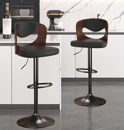 VECELO Bar Stools Set of 2,Kitchen Island Stools with Bentwood Back,Arm&Footrest,Counter Height Stools PU Leather Adjustable Height,Swivel Bar Chairs for Club Pub Dining Room,Black