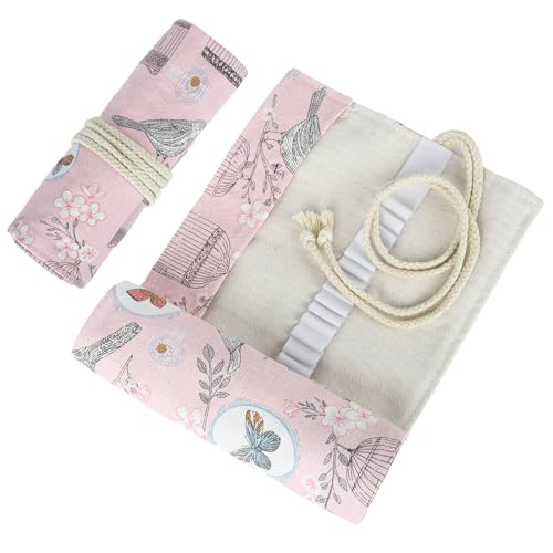 Valicaer 48 orifícios estojo para lápis de lona, estojo de rolo de padrão de pássaros, organizador de lápis para borrachas, facas de arte, canetas esferográficas, lavável saco de armazenamento,