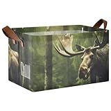 PDZRMY Elk Forest Green Open Storage Bin Large Foldable Storage Box Storage Basket Organizer Bins with Leather Handles for Shelf Closet Bedroom...