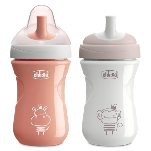 Chicco Sport Spout Sippy Cup 9+ Months, 9oz Toddler Training Cup with Bite-Resistant No-Spill Spout, Easy Grip, BPA-Free, 2-Pack, Coral/Grey
