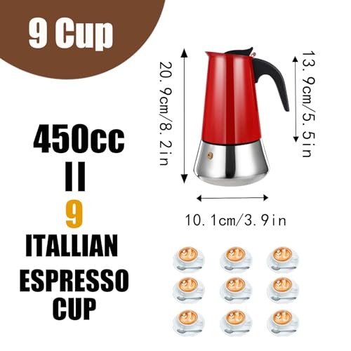 Image of 9 Cup Stovetop Espresso Maker Stainless Steel Moka Pot Stove Top Percolator Italian Coffee Makers Capable Mocha Greca Machine Cafe Classic Induction Cookers for Home and Camping 450ml 15oz
