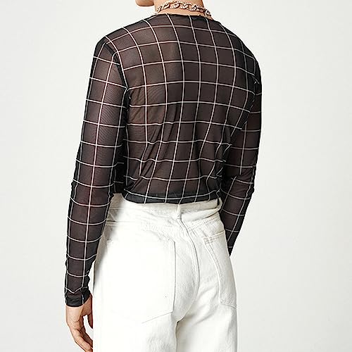 Evankin Mens Sexy Lace Shirt Top See Through Grid Print Long Sleeve T-Shirt Sheer Mesh Undershirts for Male4