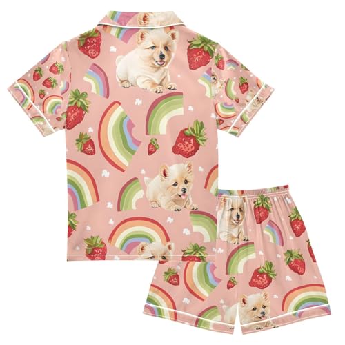 senya Strawberry Puppy Rainbow Satin Summer Pajama Sets Silk Short Sleeve Button Down Sleepwear2