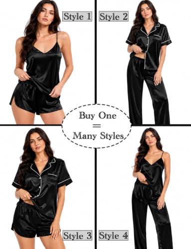 Image of SWOMOG Womens Silk Satin Pajamas Sets 4pcs Sleepwear Sexy Cami Shorts Set and Button Down Short Sleeve Pjs Loungewear