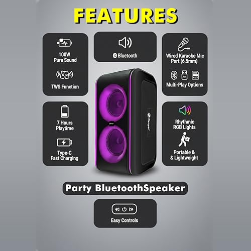 Image of TT-PSE-6x201+ Dual 6.5-inch Driver, Party Bluetooth Speaker with 100W Sound, TWS Function, RGB Lights, Karaoke Mic Port, 7 Hours Playtime, Type-C Fast Charging,Dual Wireless Mic