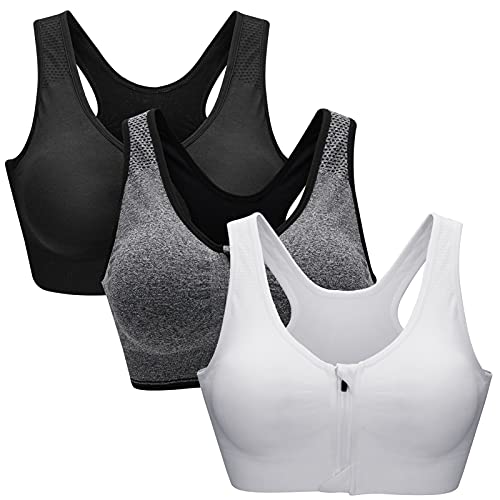 ZOEREA Sujetador Cierre Delantero Deportivo para Mujer Gimnasio Ropa con Almohadillas Extraíbles para Correr Sin Costuras Yoga Fitness Negro + Gris + Blanco,XL