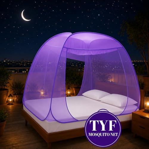 Image of TYF Mosquito Net for Bed Made with Polyester Material | Foldable Mesh Design | Lightweight and Portable Structure | Carry for Indoor Sleeping Spaces, Purple 6.15 Feet X 6.15 Feet Double Bed