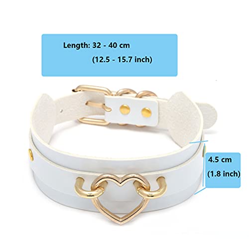 Aabellay Breit Lederhalsband Halskette Herz Form Damen Leder Choker Metall Ring Halsband Gotik Punk Rock Lederband Einstellbar Kragen - Weiß mit Gold Herz