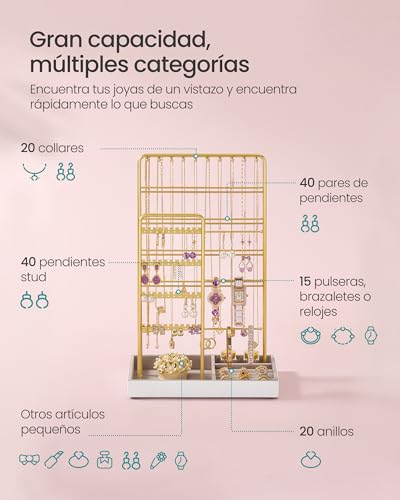 SONGMICS Soporte para Joyas, Organizador de Joyas, Expositor de Joyas, Marco de Metal, Bandeja de Terciopelo, para Collares, Pulseras, Anillos, Regalo, Dorado Pálido JJS028A01 5 Songmics Soporte Para Joyas, Organizador De Joyas, Expositor De Joyas, Marco De Metal, Bandeja De Terciopelo, Para Collares, Pulseras, Anillos, Regalo, Dorado Pálido Jjs028a01