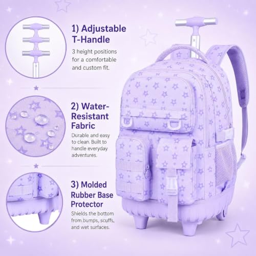 Image of CCJPX 3Pcs Rolling Backpack for Girls, Roller Wheeled School Bookbag, Star Wheels Backpacks with Lunch Box for Kids (Purple)
