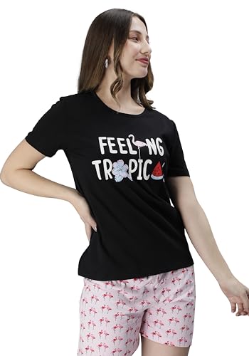 Image of Club A9 Women Cotton Regular Fit T-Shirt and Shorts Night Suit | Two Piece Set