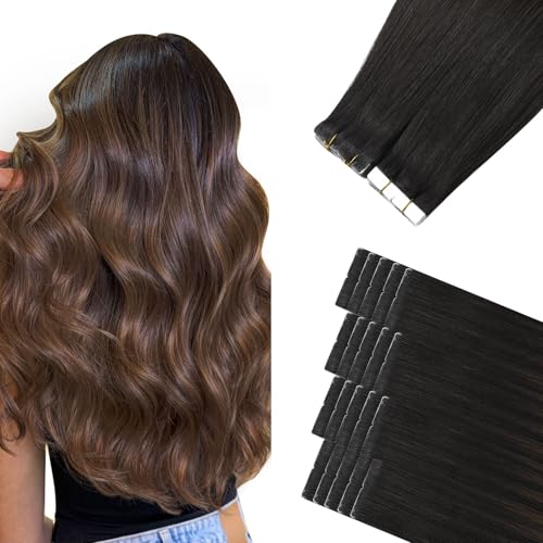 Image of Sindra Invisi Edge Tape in Hair Extensions Human Hair, 16 Inch 45g 20pcs Natural Black to Medium Brown Invisible Extensions Natural Straight Seamless Injected Tape Ins