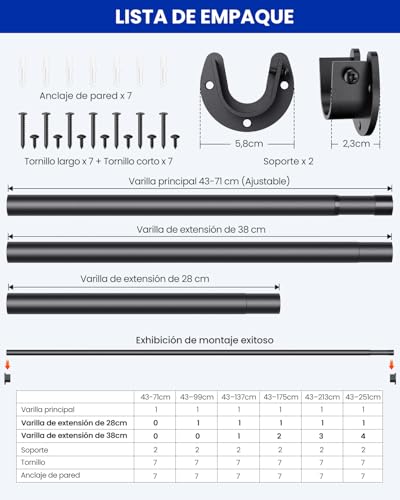 Miniatura 5 de Barra Armario Extensible, Barra Para Armario 43-135 Cm, Barra Appendiabiti Armadio, Para Armarios, Guardarropas, Lavanderías, Autocaravanas