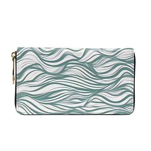 Green wavy stripe Women's Wallet Long Zip Around, Premium Vegan Leather Wallet with 12 Card Holders, Large Capacity,Gift Ready Packaging2