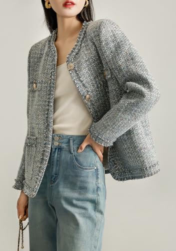 chouyatou Women's Elegant Houndstooth Tweed Jacket Button Down Fringed Tassel Blazer Jacket Coat2
