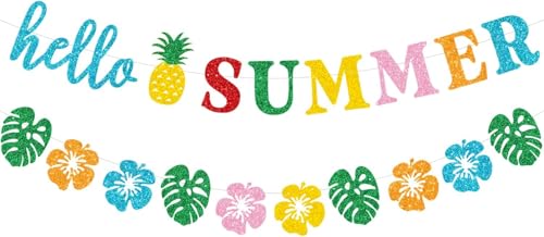Pool Geburtstag Party Sommerbanner, Glitter Hawaii Girlande Sommer Tropical Theme Ananas Dekorationen Strand Party Dekorationen Hawaii Banner Hello Summer Banner (B)