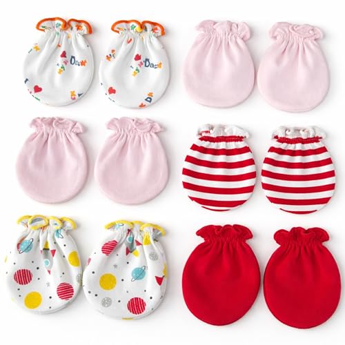 Image of Baby Eli Cotton Newborn Mittens (Picot Wrist) Set of 6 for Baby Boys & Girls 0-6 Months | Soft and Cozy Unisex Infant Gloves | Assorted Baby Hand Gloves | Adjustable Scratch Protection