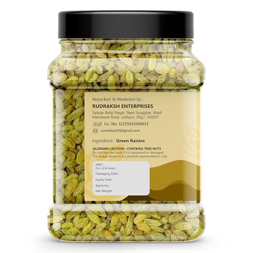 Image of Auravita Healthy Green Raisins 500gm | 100% Natural Dried Grapes (Kishmish) | Nutritious, Delicious & Healthy Snack | Source of Fibre in Nuts | No Preservatives in Dry Fruit