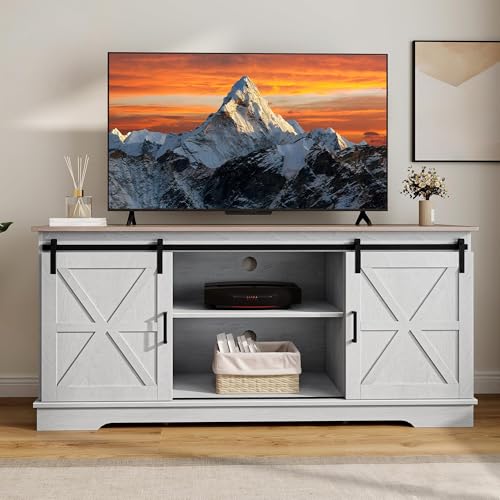 DWVO Farmhouse TV Stand for 55/60/65 Inch TVs, Entertainment Center with Storage Compartments & Sliding Doors, Media Console for Living Room and Gaming Area, Grey Wash &Grey White
