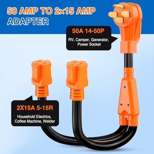 Image of Nilight 50 Amp to 15 Amp RV Y Splitter Adapter Cord 50A Male Plug to Two 15A Female 125V Household Outlet NEMA 14-50P 5-15R Pure Copper STW 10 AWG Cable for RV Camper Generator