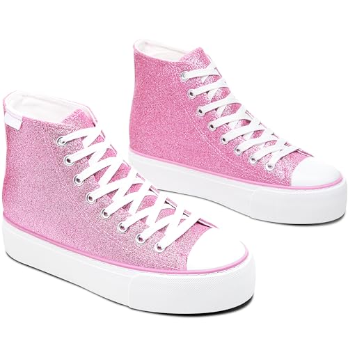 ALTOCIS High Top Glitter Sneakers Mid Top Platform Sparkly Sequin Shoes Women Cute Shiny Fashion Sneakers Bling Platform Walking Shoes(Pink Glitter US6)