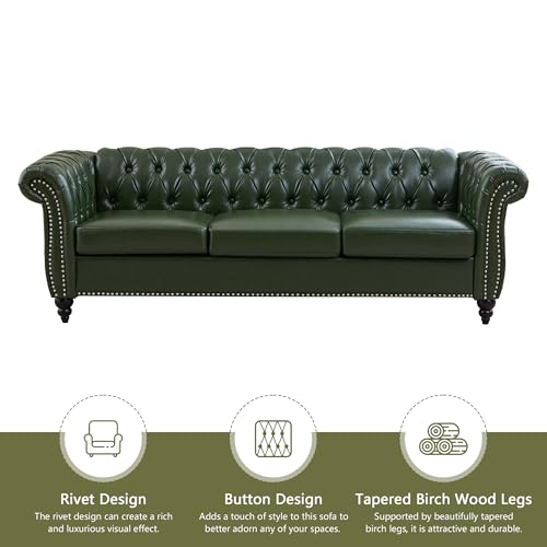 Image of QHITTY Accent Large Sofa, Chesterfield Couch 3 Seater Modern Leather Couch Upholstered Sofa with Tufted Back for Living Room Furniture (Green)
