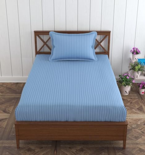 Image of Trance Home Linen 100% Cotton 78x36 inch Single Fitted 200TC Satin Stripe Elastic Fitted Bedsheet | Single Bed Size Daily use Fitted Bedspread with 1 Pillow Covers (78 inchx36 inch | 6.5x3 feet, Sky Blue)
