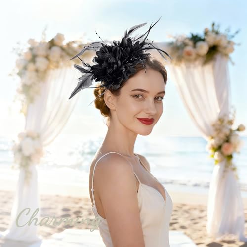 Image of DRESHOW Womens Fascinators Hats Tea Party Hats for Women Pearl Lace Feather Hat Vintage Derby Hats for Wedding Cocktail