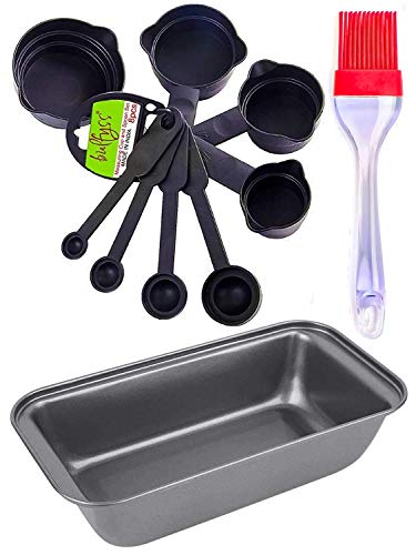 Bulfyss Popular Combo – Non Stick Outperform Bread Loaf Baking Tray Tin Pan, Food Grade 8Pcs Black Measuring Cups and Spoons Set and Silicone Brush