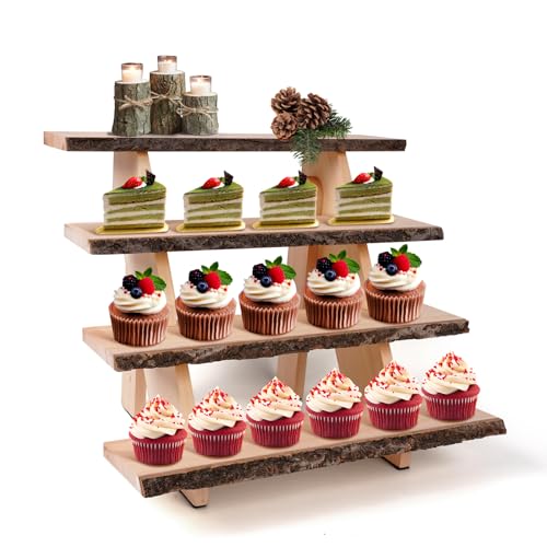 OriCre Cupcake Stand Wooden Display Stand Rustic Display Shelves 4 Tiered Display Shelf Cupcake Stand for 24 Cupcake Wood Riser for Vendors, Craft Show Display,Dessert Table ,Festivals,Wedding Party