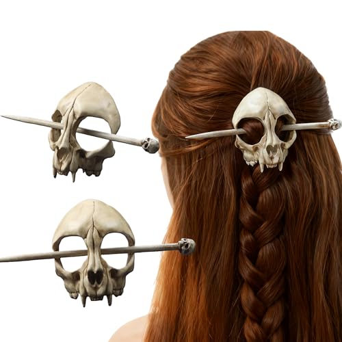 Cat Skull Hair Stick Gothic Feline Skull Resin Bone Hair Slide Barrette for Women Cat Skull Hair Clip Halloween Cosplay Witchcore Hairpin Spooky Updo Holder (1 Piece)