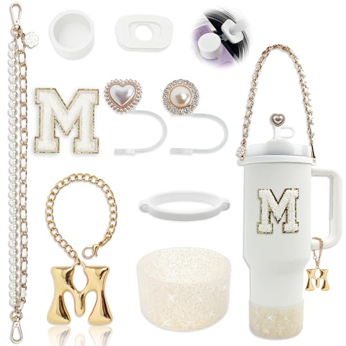BydGxy Stanley Cup Accessories Set for 30oz 40oz Tumbler, with Handle Strap, Anti-Spill Plug, Boot, Straw Cover, Cute Letter Charms, No-Residue Initial Sticker, Fits Pink Purple White Stanley Cups (M)