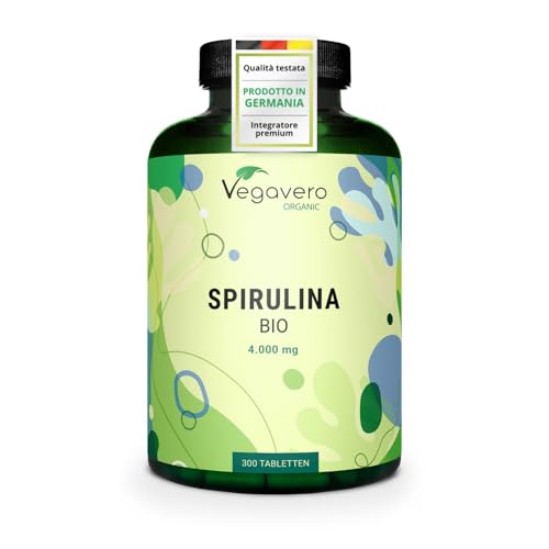 Spirulina Bio | 4.000 al giorno – 1.000 mg per compressa | 3,9% di Ficocianina | 100% Pura e Biologica | Alga Spirulin Platensis | Certificata in Laboratorio Tedesco | Vegavero®