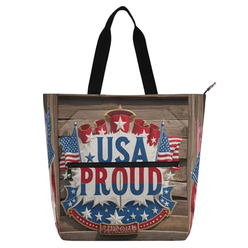 Decorative Kid Tote Bag for Kids Adults, Usa Proud Flag Blue Retro 4th Of July Independence Day Waterproof Reusable Grocery Beach Bag with Zipper for School Shopping Beach Rainbow mochilas