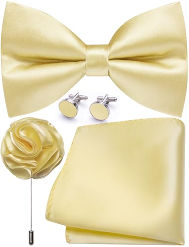 Image of Solid Color Bow Ties for Men Silk Pre-tied Tuxedo Bowtie Set 4PCS | Pre-tied in 3 seconds,adjustable 4PCS bow tie and pocket square cufflinks lapel pin set,wedding,formal,party,prom,graduation